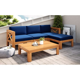 TOPMAX Outdoor Backyard Patio Wood 5-Piece Sectional Sofa Seating Group Set with Cushions, Natural Finish+ Blue Cushions SP110142AAA