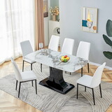 Faux Marble Dining Table Set with Convertible Base, Luxury Rectangular Kitchen Table for 6-8, Modern White Faux Marble Dining Room Table with MDF Base, Dining Table & 6 Chairs SQ000047AAB