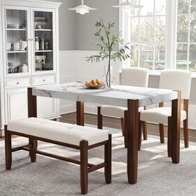 4-Piece Modern Dining Furniture Set, 4-Person Space-Saving Dinette for Kitchen, 46" Faux Marble Style Table and 2 Upholstered Chairs & Bench with Wood Legs SQ000084AAK