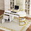 60"Modern Executive Desk, White Curved Computer Desk with Gold Metal Legs, 3-Drawers Home Office Desk, Writing Desk with 1 Storage Cabinet for Home Office, Living Room, Gold+White(1.25) SR000020AAK