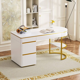 60"Modern Executive Desk, White Curved Computer Desk with Gold Metal Legs, 3-Drawers Home Office Desk, Writing Desk with 1 Storage Cabinet for Home Office, Living Room, Gold+White(1.25) SR000020AAK