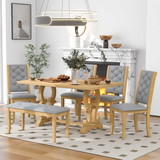 Trexm 6-Piece Retro Dining Set with Unique-Designed Table Legs and Foam-Covered Seat Backs&Cushions for Dining Room (Natural Wood Wash)