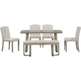 TREXM 6-Piece Retro-Style Dining Set Includes Dining Table, 4 Upholstered Chairs & Bench with Foam-covered Seat Backs&Cushions for Dining Room (Light Khaki+Beige)