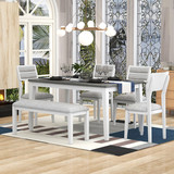 Trexm Classic and Traditional Style 6 - Piece Dining Set, Includes Dining Table, 4 Upholstered Chairs & Bench (White+Gray) ST000043AAK