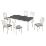 Trexm Retro Style 7-Piece Dining Table Set with Extendable Table and 6 Upholstered Chairs (Gray+White)