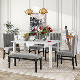 Trexm 6-Piece Dining Table Set with Marble Veneer Table and 4 Flannelette Upholstered Dining Chairs & Bench (White+Gray)