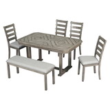 TREXM 6-Piece Rubber Wood Dining Table Set with Beautiful Wood Grain Pattern Tabletop Solid Wood Veneer and Soft Cushion (Gray)