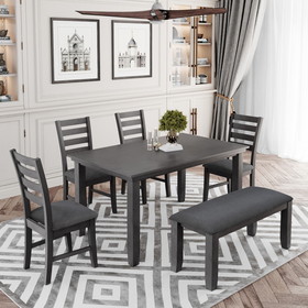 TREXM Dining Room Table and Chairs with Bench, Rustic Wood Dining Set, Set of 6 (Gray) ST000052AAE