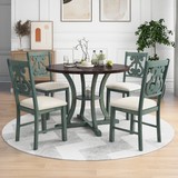 Trexm 5-Piece Round Dining Table and 4 Fabric Chairs with Special-Shaped Table Legs and Storage Shelf (Antique Blue / Dark Brown) St000056Aac