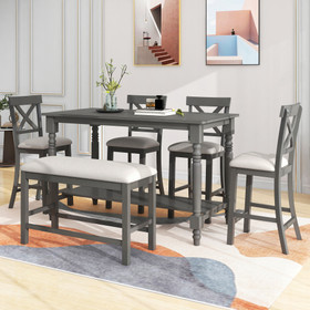 Trexm 6-Piece Counter Height Dining Table Set Table with Shelf 4 Chairs and Bench for Dining Room (Gray) St000064Aae