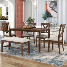 TREXM 6-Piece Kitchen Dining Table Set Wooden Rectangular Dining Table, 4 Fabric Chairs and Bench Family Furniture (Natural Cherry) ST000066AAD
