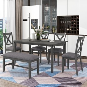 TREXM 6-Piece Kitchen Dining Table Set Wooden Rectangular Dining Table, 4 Fabric Chairs and Bench Family Furniture (Gray) ST000066AAE