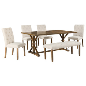 Trexm 6-Piece Farmhouse Dining Table Set 72" Wood Rectangular Table, 4 Upholstered Chairs with Bench (Walnut) St000067Aad