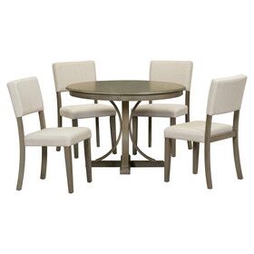 TREXM 5-Piece Retro Round Dining Table Set with Curved Trestle Style Table Legs and 4 Upholstered Chairs for Dining Room (Taupe)