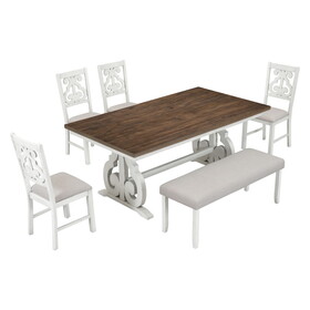 TREXM 6-Piece Wooden Dining Table Set, Farmhouse Rectangular Dining Table, Four Chairs with Exquisitely Designed Hollow Chair Back and Bench for Home Dining Room (Brown+White)