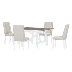 TREXM 6-Piece Classic Dining Table Set, Rectangular Extendable Dining Table with two 12"W Removable Leaves and 4 Upholstered Chairs & 1 Bench for Dining Room (Brown+White) ST000088AAD