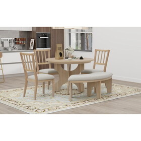 TREXM 5-Piece Dining Table Set, 44" Round Dining Table with Curved Bench & Side Chairs for 4-5 People for Dining Room and Kitchen (Natural Wood Wash)