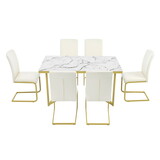 TREXM 7-Piece Dining Table Set, Rectangular Marble Sticker Table and 6 PU Leather Chairs with Golden Steel Pipe Legs for Dining Room and Kitchen (White) ST000104AAK