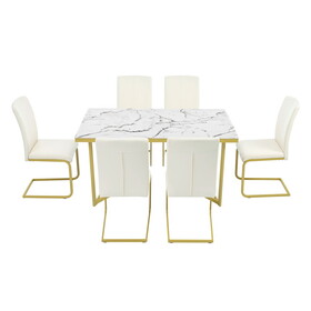 TREXM 7-Piece Dining Table Set, Rectangular Marble Sticker Table and 6 PU Leather Chairs with Golden Steel Pipe Legs for Dining Room and Kitchen (White) ST000104AAK