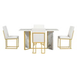 TREXM 7-Piece Modern Dining Table Set, Artificial Marble Sticker Tabletop and 6 Upholstered Linen Chair All with Golden Steel Legs for Dining Room and Kitchen (White + Gold) ST000111AAA