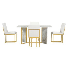TREXM 7-Piece Modern Dining Table Set, Artificial Marble Sticker Tabletop and 6 Upholstered Linen Chair All with Golden Steel Legs for Dining Room and Kitchen (White + Gold) ST000111AAA