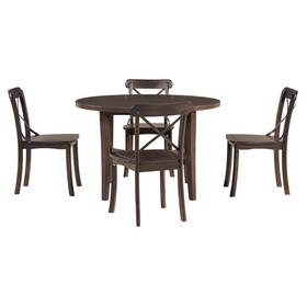 TREXM 5-piece Dining Set, Retro Simple Round Table and 4 Chairs with X-shaped Backrest for Kitchen, Dining Room and Living Room (Espresso) ST000130AAD