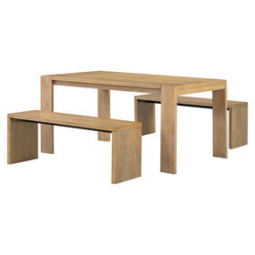TREXM 3-piece Farmhouse Style Simple Dining Set, Dining Table and 2 Benches, for Dining Room, Kitchen and Living Room (Natural Wood Wash)