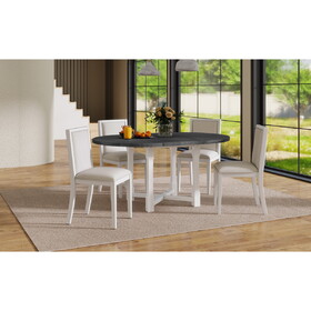 TREXM 5-Piece Extendable Dining Table Set for 4, Round Dining Table for 4 with Upholstered Chairs, Farmhouse Kitchen Table Set with Removable Leaf for Dining Room and Kitchen (Grey+White)