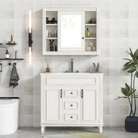 36" Bathroom Vanity with Top Sink, White Mirror Cabinet, Modern Bathroom Storage Cabinet with 2 Soft Closing Doors and 2 Drawers, Single Sink Bathroom Vanity SW000105AAC