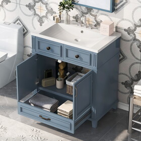 30" Bathroom Vanity with Resin Sink, Solid Wood Frame Bathroom Storage Cabinet with Soft Closing Doors, Retro Style, Blue SW000118AAC