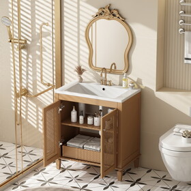 30 inch Bathroom Vanity with Resin Sink, Freestangding Bathroom Vanity Set with Hidden Drawer, Storage Cabient for Bathroom, Solid Wood Frame Bathroon Cabinet