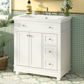 30" Bathroom Vanity Cabinet with Sink Combo Set, Undermount Resin Sink, Free Standing Vanity Set with 2 Drawers& Soft Closing Doors, Solid Wood Frame Bathroom Cabinet, White