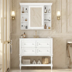36" Bathroom Vanity with Medicine Cabinet, Modern Mirror Cabinet with Adjustable Shelf, Bathroom Storage Cabinet with 4 Drawers, Solid Wood Frame Bathroom Storage Cabinet