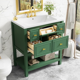 30" Bathroom Vanity with Resin Sink Combo, Free Standing Single Vanity Set with 5 Drawers, Solid Wood Frame Bathroom Storage Cabinet, Green SW000140AAF