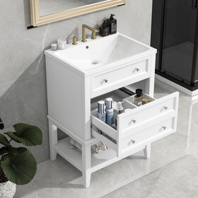 24" Bathroom Vanity with Sink, Bathroom Storage Cabinet with Drawer and Open Shelf, Solid Wood Frame, White