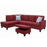 Modern Flannel Sectional Couch with Chaise and Ottoman-Large 3 Piece Sofa Set for Living Room-L-Shaped Left-Facing Sofa Furniture-Wood Frame-Sectional Sofa Set of 3- Ideal for Living Room Red