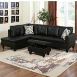 Modern Faux Leather Sectional Couch with Chaise and Ottoman-Large 3 Piece Sofa Set for Living Room-L-Shaped Left-Facing Sofa Furniture-Wood Frame-Sectional Sofa Set of 3- Ideal for Living Room Black