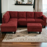 Modern Flannel Sectional Couch with Ottoman-Stylish,L-Shaped Design for Living Room-Large 3-Piece Sofa Set for Home or Office-Durable Flannel Material -Plastic Legs-Perfect for Family home Red