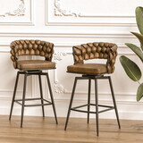 Technical Leather Woven Bar Stool Set of 2, Black legs Barstools No Adjustable Kitchen Island Chairs, 360 Swivel Bar Stools Upholstered Bar Chair Counter Stool Arm Chairs with Back Footrest, (Brown)