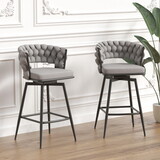 Bar Chair Linen Woven Bar Stool Set of 2, Black legs Barstools No Adjustable Kitchen Island Chairs, 360 Swivel Bar Stools Upholstered Bar Chair Counter Stool Arm Chairs with Back Footrest, (Grey)
