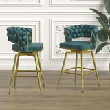 Bar Chair Suede Woven Bar Stool Set of 2, Golden legs Barstools No Adjustable Kitchen Island Chairs, 360 Swivel Bar Stools Upholstered Bar Chair Counter Stool Arm Chairs with Back Footrest, (Blue)