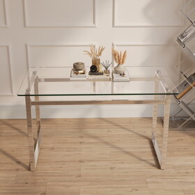 Modern Minimalist Rectangular Glass Dining Table for 4-6 with 0.31" Tempered Glass Tabletop and Silver Chrome Metal Legs, Writing Table Desk, 51" W x 27"D x 30" H T2396P172449