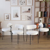 White Dining Chairs Set of 4, Mid-Century Modern Dining Chairs, Kitchen Dining Room Chairs, Curved Backrest Round Upholstered Boucle Dining Chair with Black Metal Legs