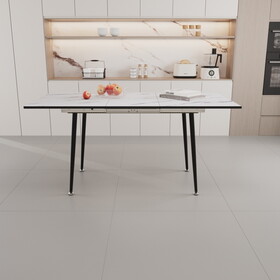 63" MDF square white marble pattern stretchable dining table, modern industrial kitchen and dining table, equipped with tapered black metal legs T2396P201217