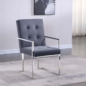 Grey Velvet Dining Chair with Stainless Steel Base, Armrest, Mirror Polished T2521P162659