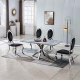 Marble and Stainless Steel Rectangular Dining Table with Mirrored Finish - Modern Dining Statement for 6-8 Guests, Grey Silver T2521S00009