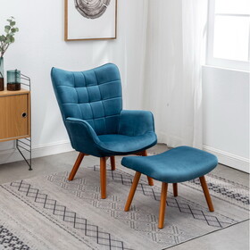 Leiria Contemporary Silky Velvet Tufted Accent Chair with Ottoman, Blue T2574P164272