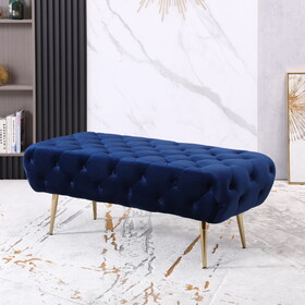 Sira Velvet Button Tufted Bench with Gold Metal Legs, Blue T2574P164597