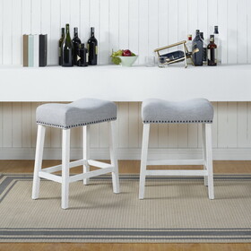 CoCo Upholstered Counter Height Stools - Saddle Seat, White-Washed Finish, Gray Fabric, Set of 2 T2574P164808