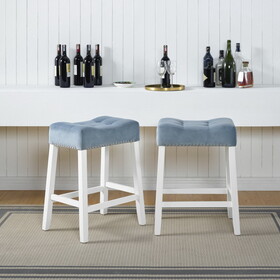 Morovo Set of 2 Velvet Counter Height Stools with Tufted Saddle Seats, White-Wash Finish, Blue T2574P164821